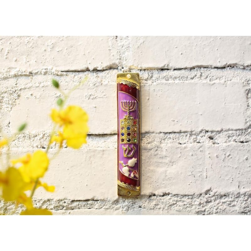 Matashi Hand Painted Enamel Mezuzah Embellished w/ Menorah, Priestly Breastplate
