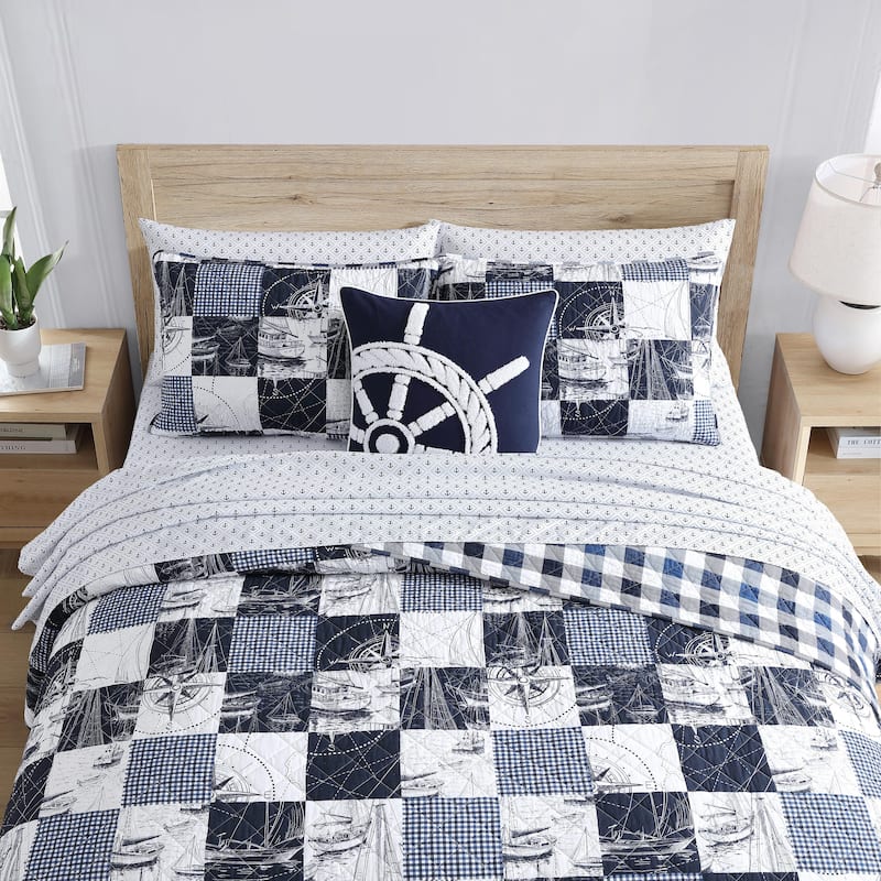 Nautica Sailors Patchwork Blue Cotton Reversible Quilt Set