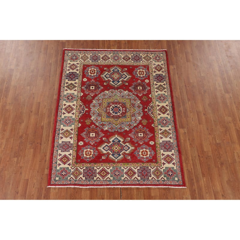 Kazak Oriental Area Rug Handmade Red Wool Carpet - 5'0" x 6'7"
