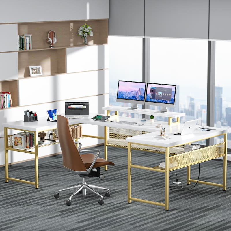 3-in-one U-Shape Computer Desk with Charge Station, Office Corner Desk with Monitor Stand