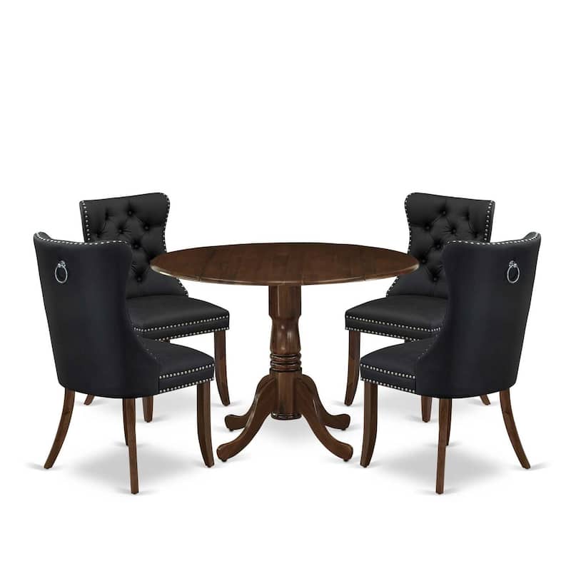 Modern 5 Piece Kitchen Dining Set - Round Table with Dropleaf & 4 Chairs