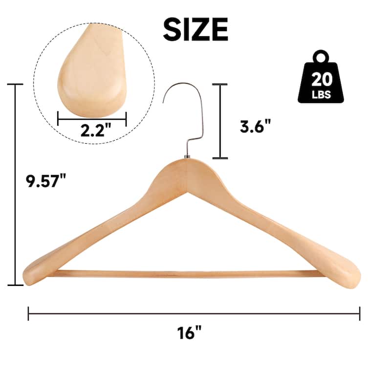 BP4U Premium Wide Shoulder Wooden Suit Hangers, 16-Inch Heavy-Duty Solid Wood Coat Hangers for Women's Clothes