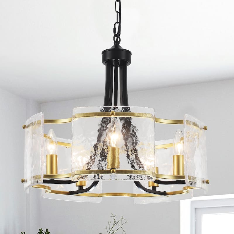 18.9inch modern simple design 5 light pendant with flower metal frame and water ripple glass decorative piece for multiple rooms - Black and Gold