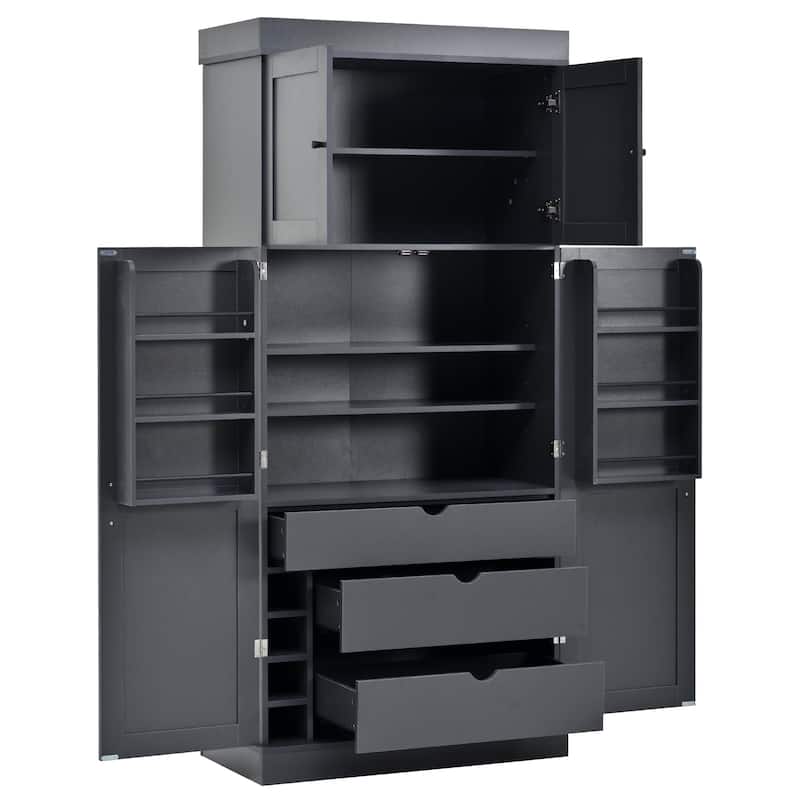 77" Tall Modern Shaker Kitchen Pantry with Wine Rack, Freestanding Storage Cabinet with Drawers & Door Shelves