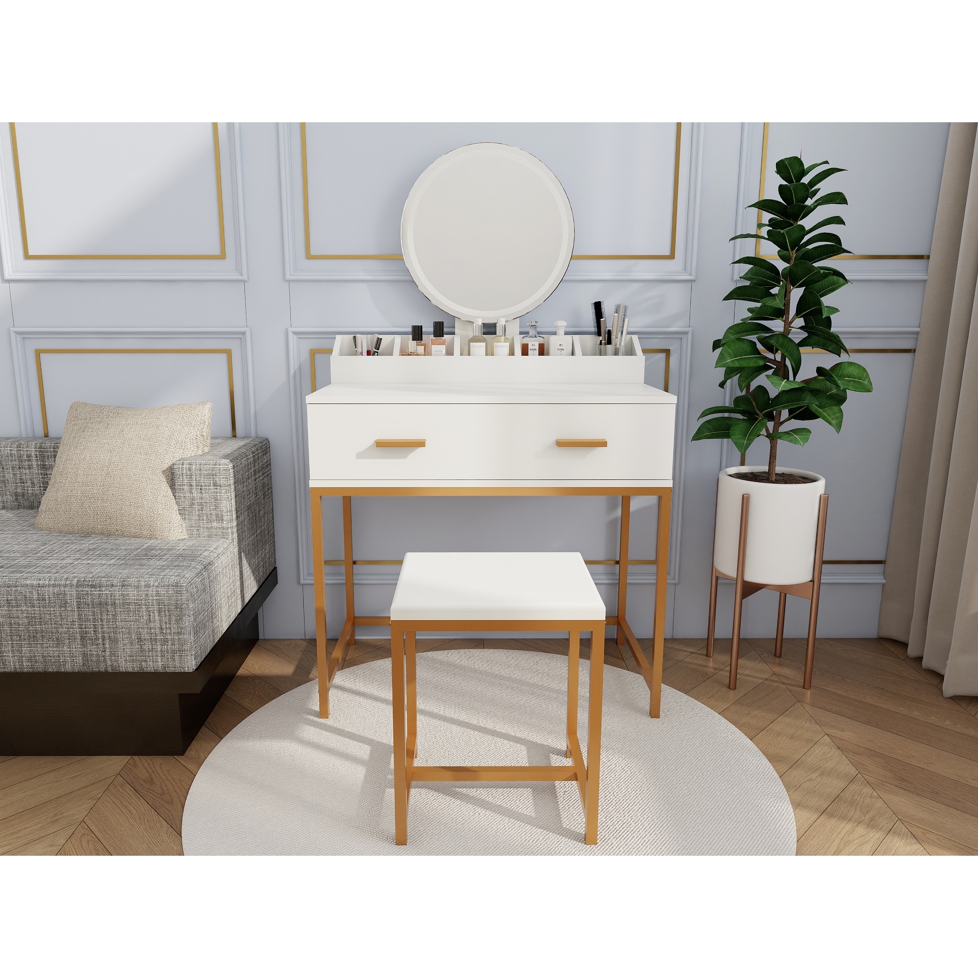 Vanity Set With Mirror And Stool-Makeup Vanity Table With Storage Drawers And Organizer,Space-Saving Design