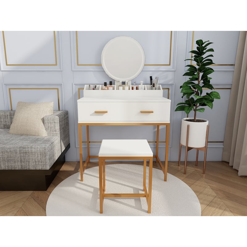 Vanity Set with Mirror and Stool - Makeup Vanity Table with Storage Drawers and Organizer, White and Gold, Space-Saving Design - Ancient White