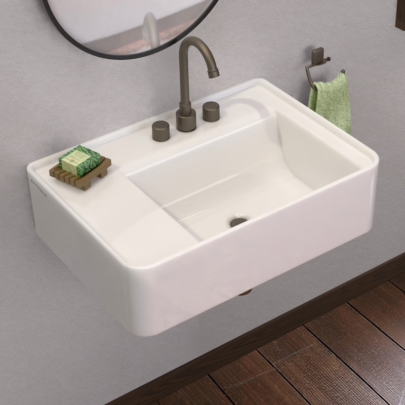 Rectangular Wall Mount Basin with Faucet Drilling Options and Rear Center Drain Location - 26" - White - 3 Hole