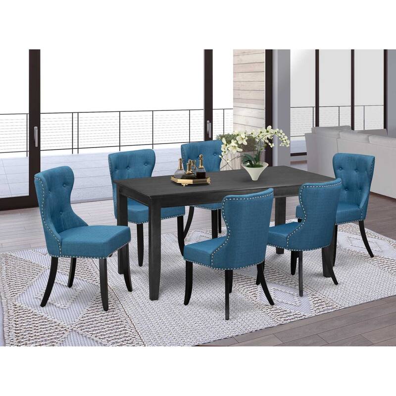 HomeStock 7-Piece Black Finish Solid Wood Top Dining Table with 6 Chairs with Lattice Back