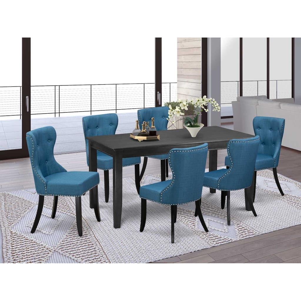 HomeStock 7-Piece Black Finish Solid Wood Top Dining Table with 6 Chairs with Lattice Back