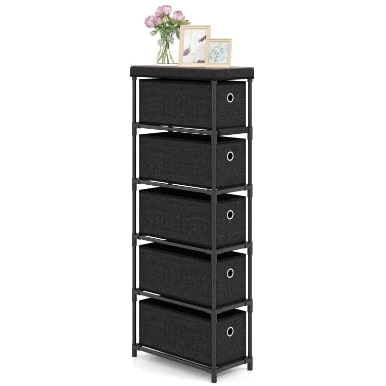 Black MDF Storage Tower with 5 Foldable Drawers Metal Structure and Industrial Wood Top