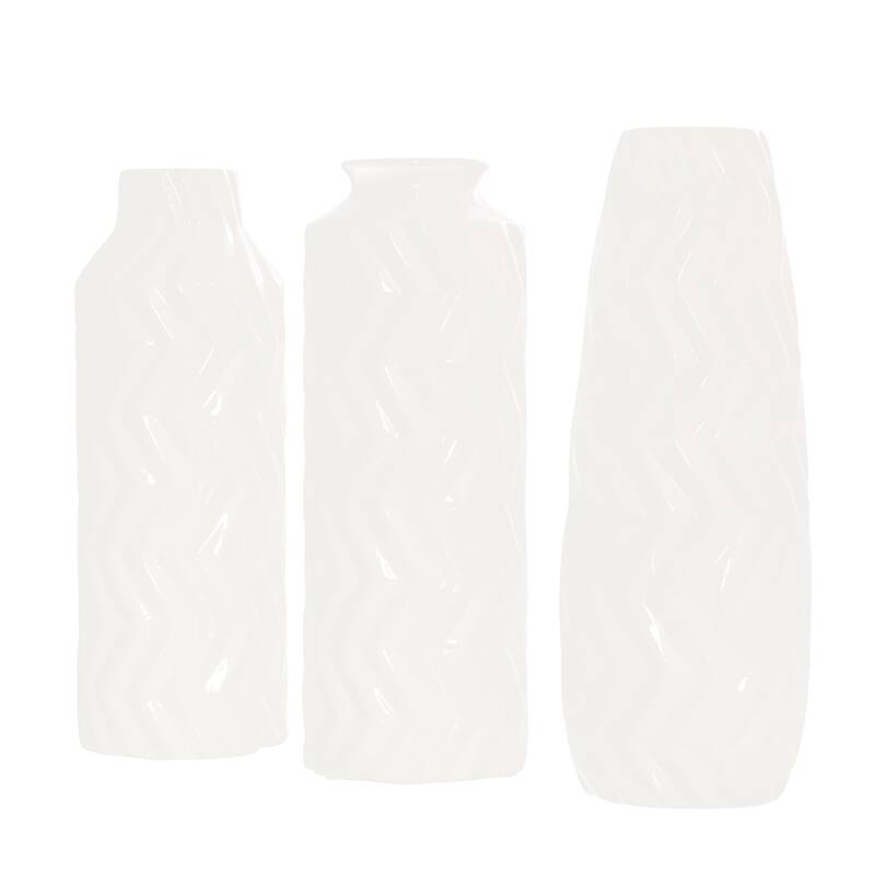White Ceramic Dimensional Chevron Textured Decorative Vase with Varying Shapes (Set of 3)