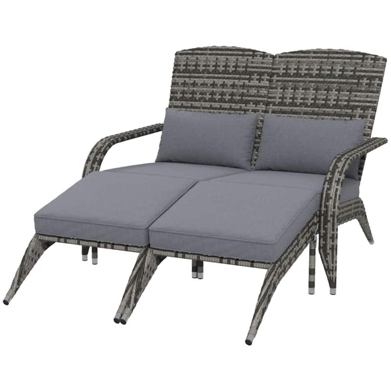 Mixed Rattan Adirondack Chair with Cushions, Footstools and Outdoor Use - 45.25" W x 32.25" D x 35.5" H - Mixed Grey