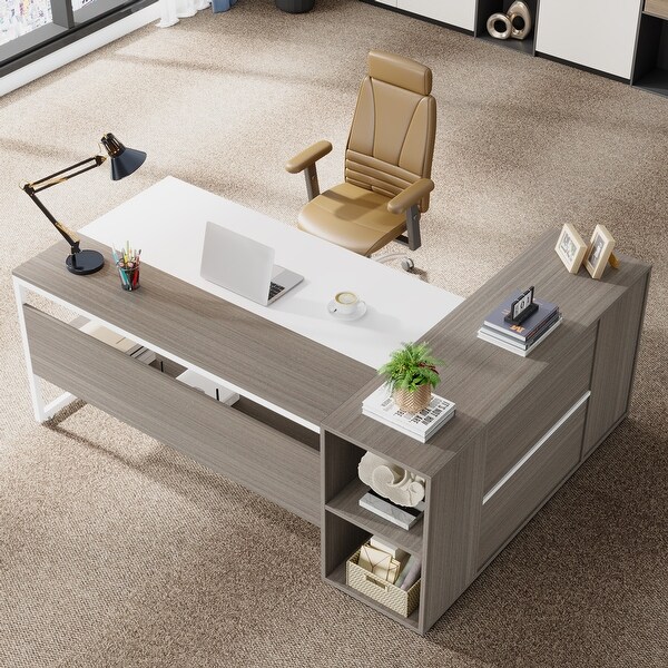 71 inch L Shaped Executive Desk with Cabinet, Corner Computer Desk