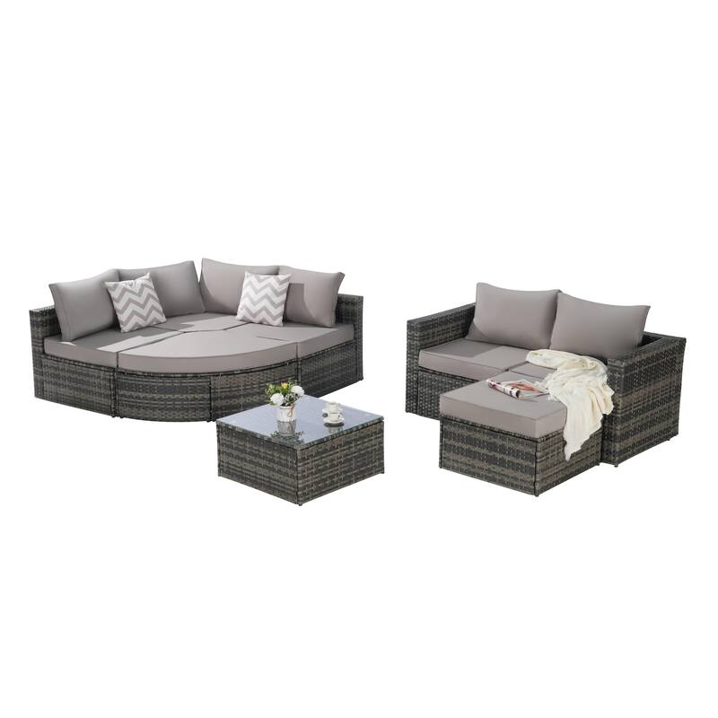 8 Piece Patio Sofa Set Outdoor L- Shaped Sectional Sofa Wicker Conversation Set with Curved Ottoman and Glass Top Table