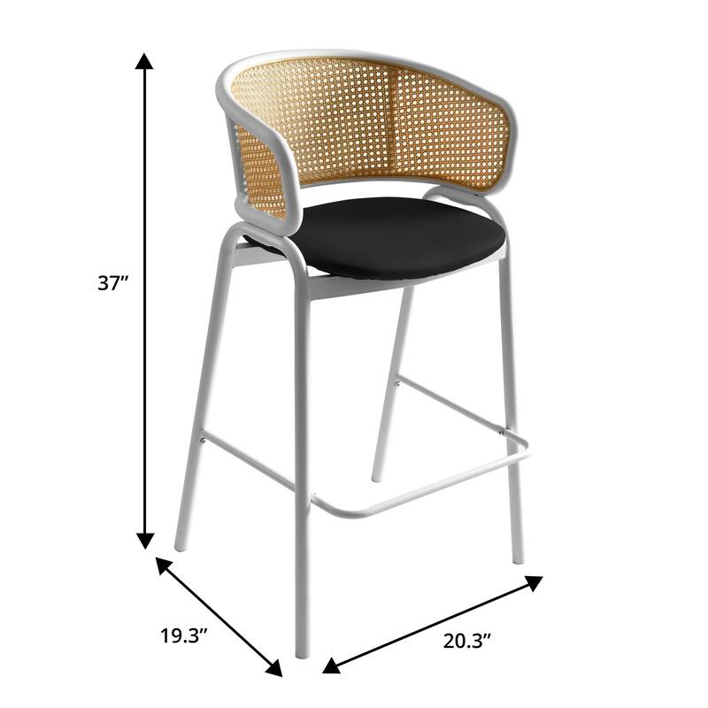 LeisureMod Ervilla Set of 2 Modern Wicker Leather Bar Stool with Curved Back & White Steel Frame for Home Office Dining Room