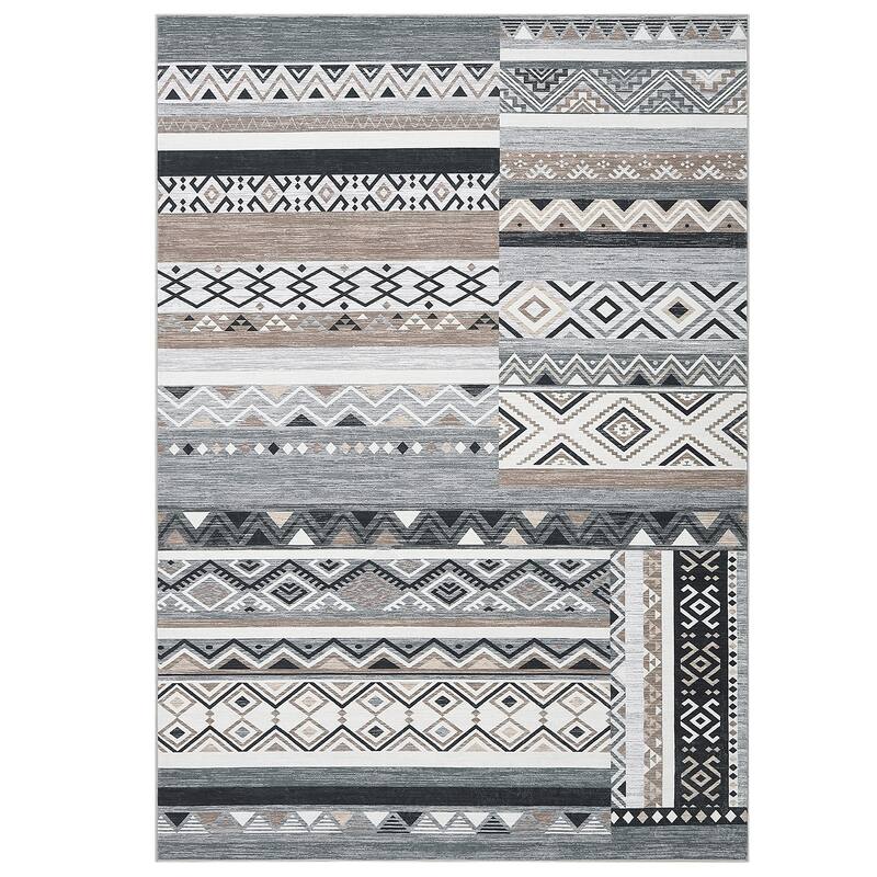 Area Rug Washable Living Room Rugs Vintage Geometric Area Rug Soft Low Pile Non-Slip Area Rug