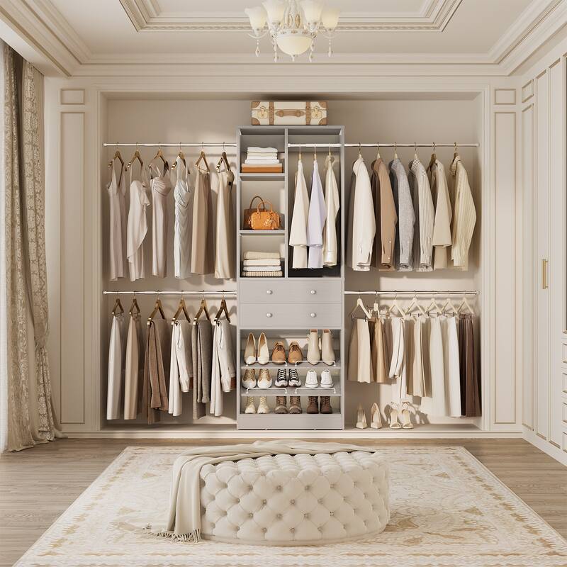 Closet Organizer with 5 Hanging Rods and 2 Drawers, Adjustable Closet System with Shelves and Shoe Rack - Grey