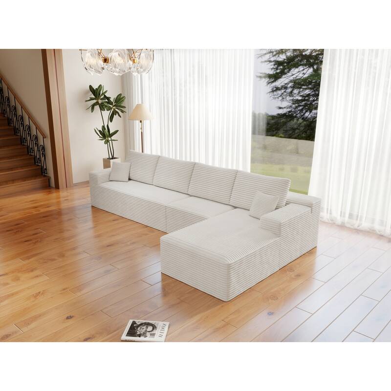 Roomfitters 131.9" Modular Sectional Sofa, 4-Piece Compressed Cloud Couch, No Assembly Required, Plush Corduroy, White - White
