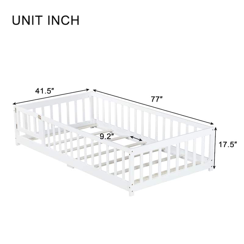 Twin Size Rubber Wood Floor Panel Bed with Safety Fence and Door
