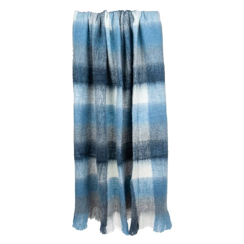 HomeRoots 52" X 67" Gray Ivory and Blue Woven Wool Blend Plaid Throw Blanket with Fringe