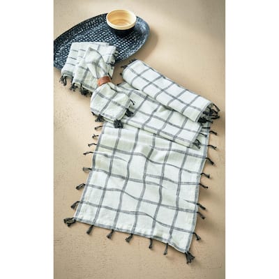 Black Check with Black Tassels on Black Background Cotton Machine Washable Table Runner Décor Decoration, 72" x 14.5"-in.