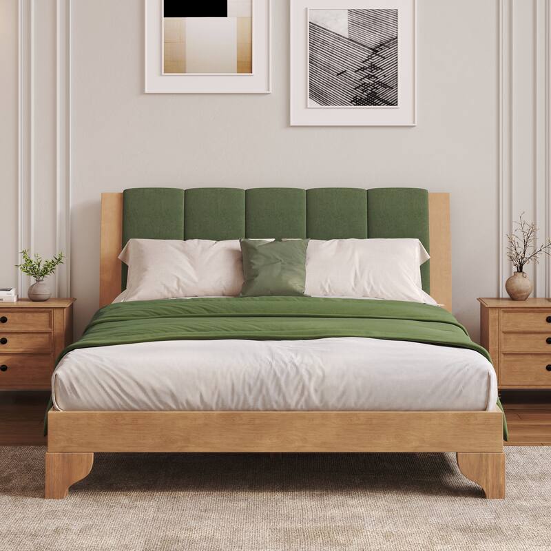 Pine Wood Bed Frame Mid Century Modern Platform Bed with Green Upholstered Headboard, Wood Slat Support Low Profile Wingback Bed