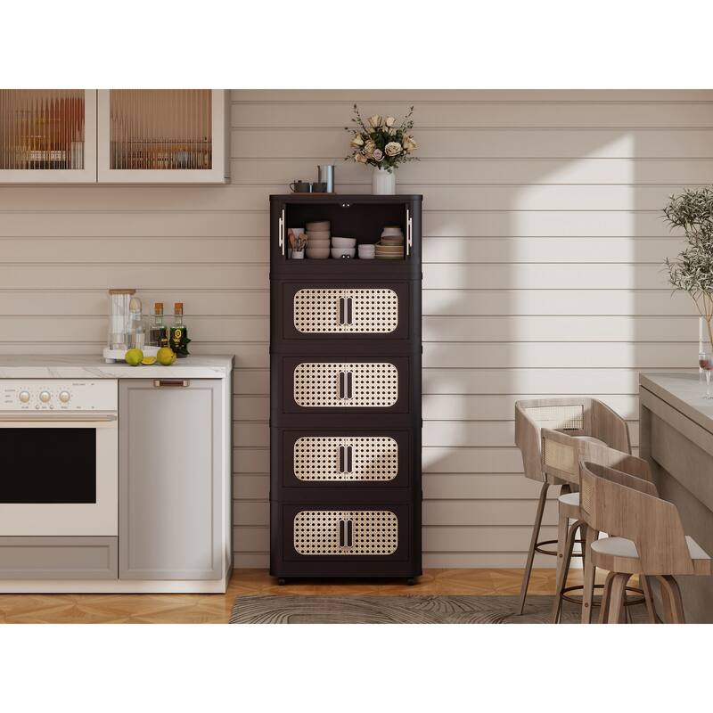 Anmytek Retro Brown 5 Tier Collapsible Plastic Storage Cabinet with Wheels Magnetic Door 20" Wide - Brown