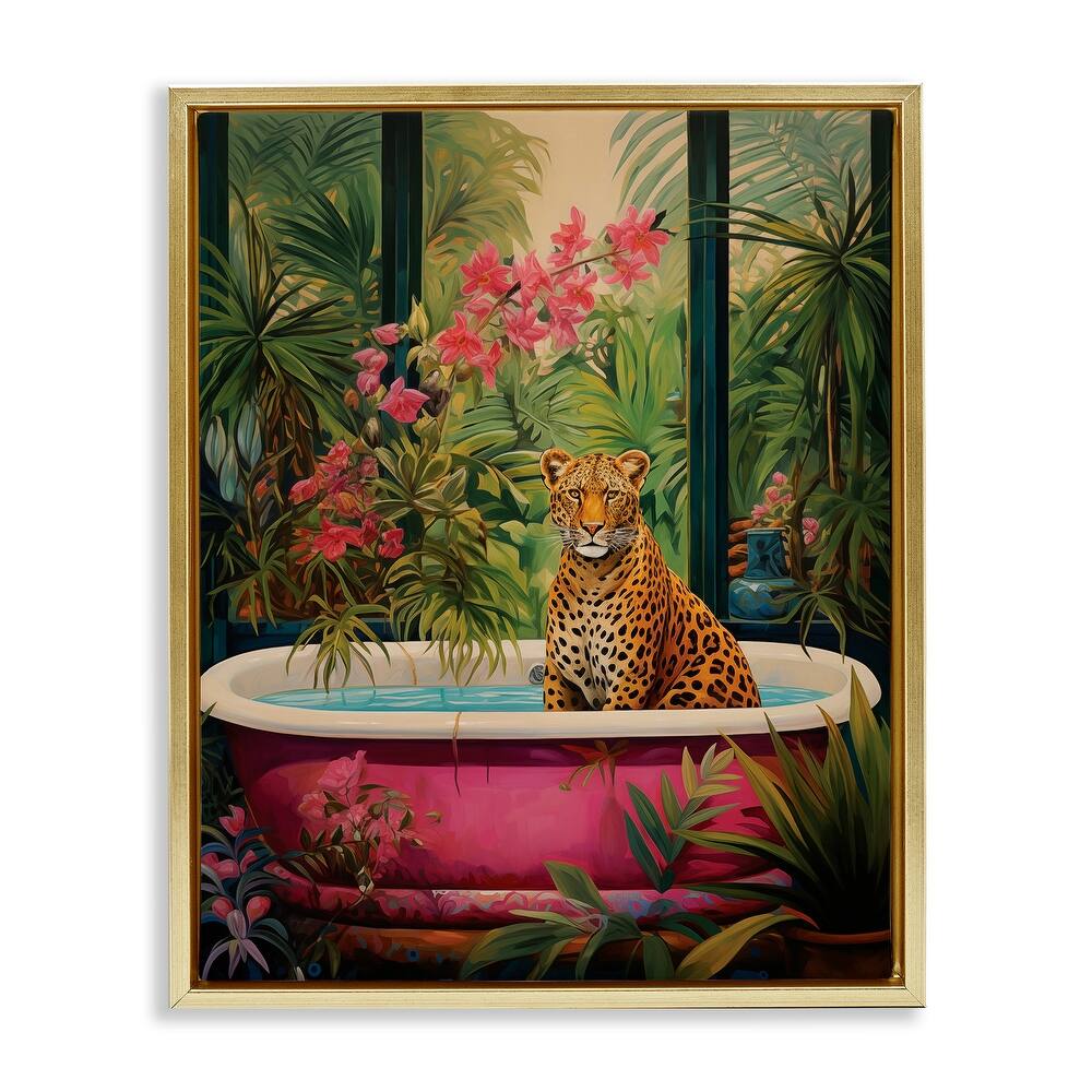 Stupell Leopard in Lush Tropical Bath Framed Floater Canvas Wall Art Design By Heidi Kuntz