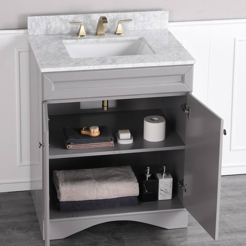 BATHLET 30 inch Bathroom Vanity Set with Carrara Marble Top Mirror
