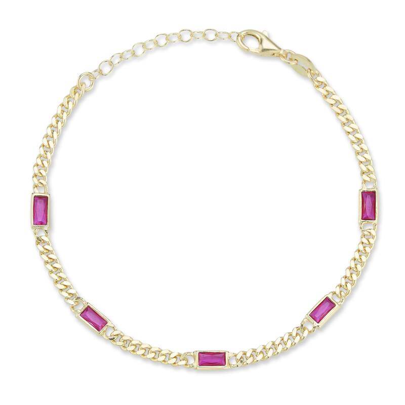 Soleil Sterling Silver Baguette CZ Station Curb Chain Bracelet - Yellow-Pink