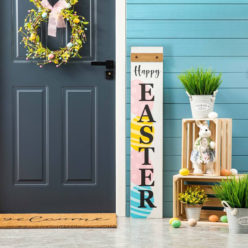 Glitzhome Easter Wooden Bunny Family Standing Decor Porch Sign with Wreath Welcome Wall Decor Party Supplies Props - 42"H HAPPY EASTER