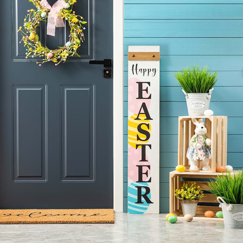 Glitzhome 42"H Wooden "HAPPY EASTER" Standing Hanging Porch Sign for Front Door - One Sided