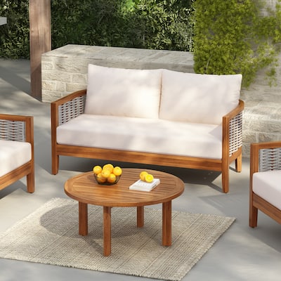 Christopher Knight Home - Aurelia Acacia Wood Outdoor Tub Design Loveseat with Woven Rope and Table Set