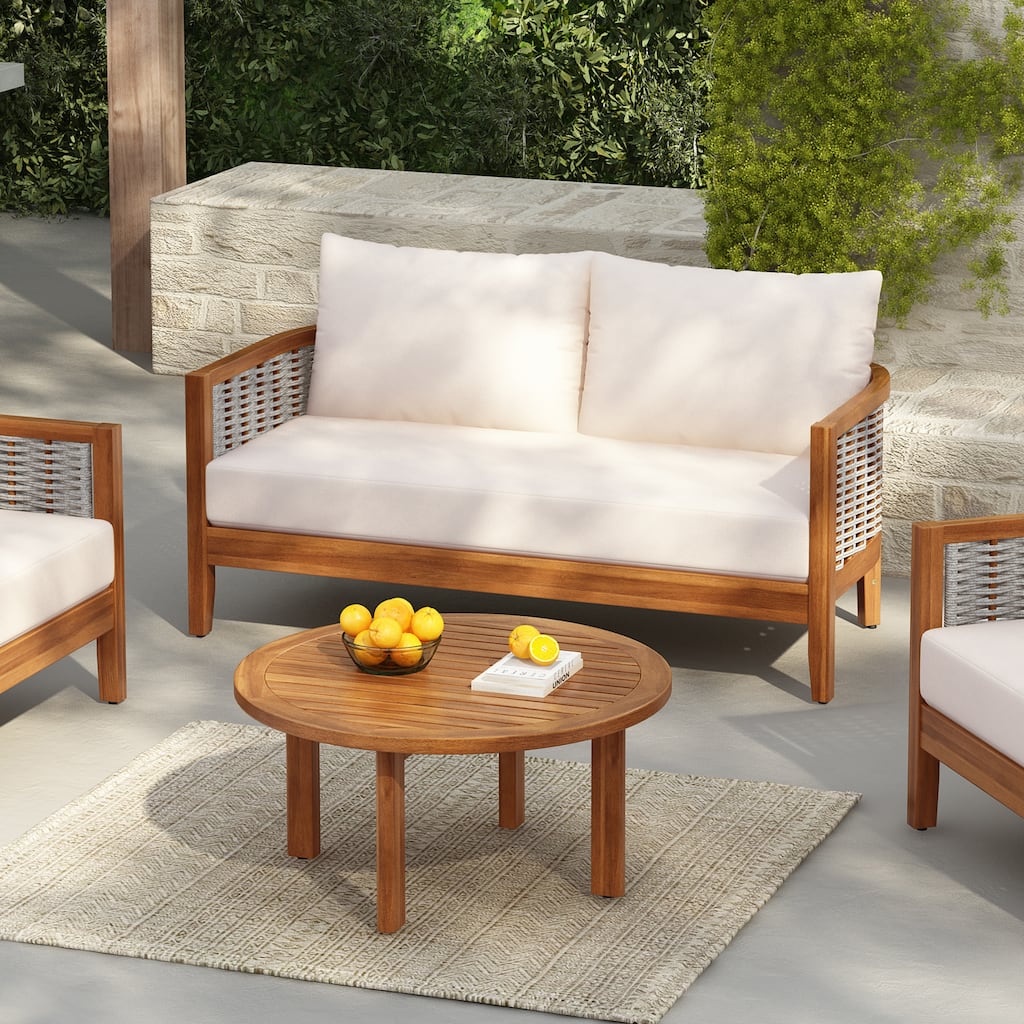 Christopher Knight Home - Aurelia Acacia Wood Outdoor Tub Design Loveseat with Woven Rope and Table Set