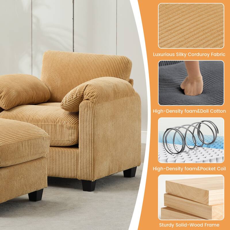 Multi-Seater Corduroy Sectional Sofa, Modular Settee, Included Removable Ottomans