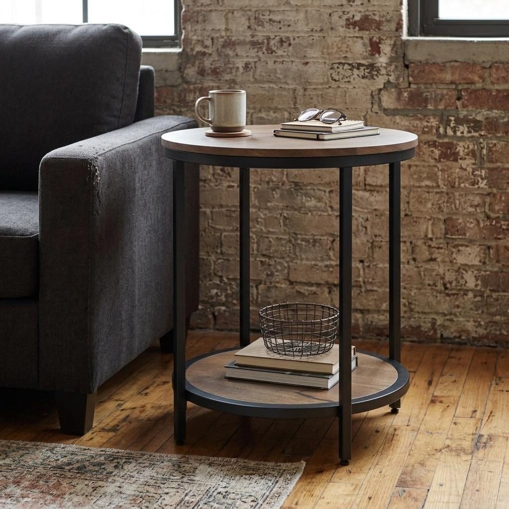HomeRoots Gray And Black Solid Wood And Iron Round End Table With Shelf - 18.00 in. x 24.00 in. x 18.00 in.