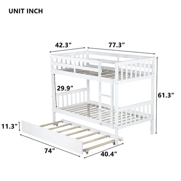 dimension image slide 7 of 8, Twin Over Twin Bunk Beds with Trundle, Convertible into 2 Beds