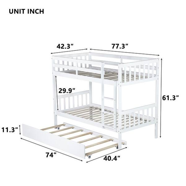 dimension image slide 1 of 4, Twin Over Twin Rubber Wood Bunk Bed with Trundle, Convertible into 2 Twin Size Beds,with Ladder and Safety Guardrails