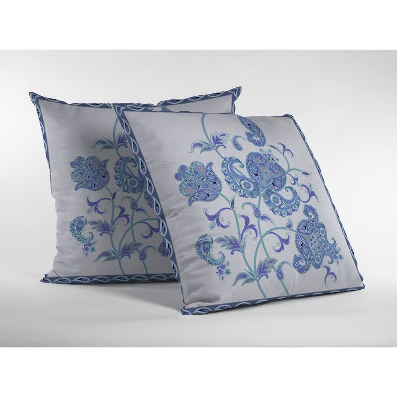16" Blue White Wildflower Zippered Suede Throw Pillow