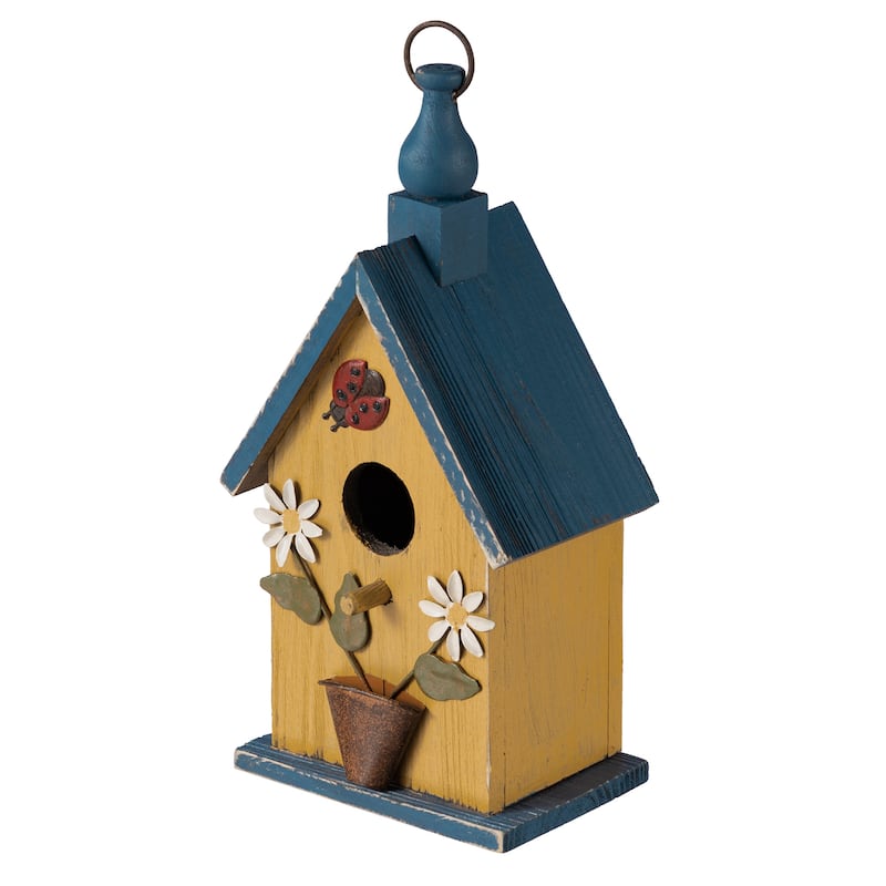 Glitzhome 12.25"H Washed Yellow Distressed Solid Wood Cottage Garden Birdhouse with Bees and Flowers