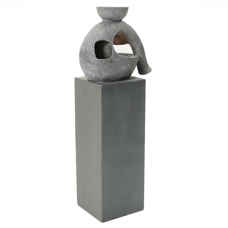 Gray Resin Modern Sculpture Pedestal Outdoor Fountain with LED Light