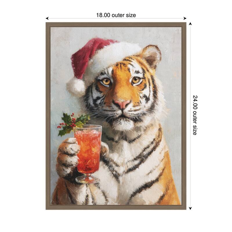 Kate and Laurel Sylvie Framed Canvas Tiger Festive Cocktail Santa Hat by The Creative Bunch Studio