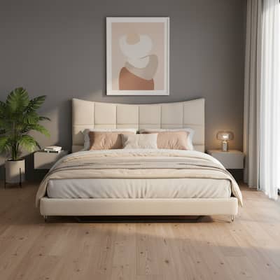 HomeRoots Beige Tufted Upholstered Full Bed Frame With LED Lighting And USB