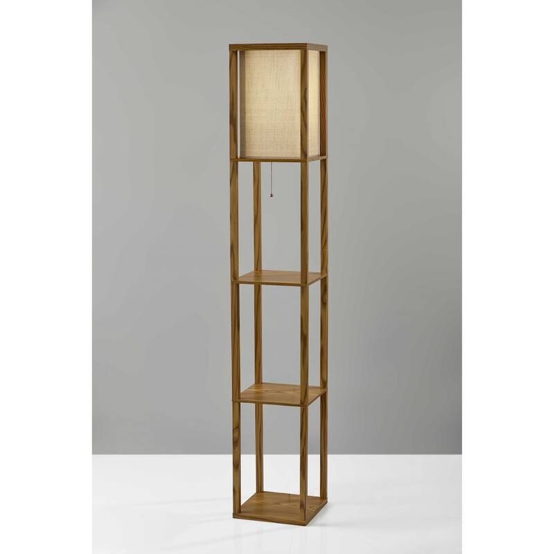 Floor Lamp with Natural Wood Finish Storage Shelves