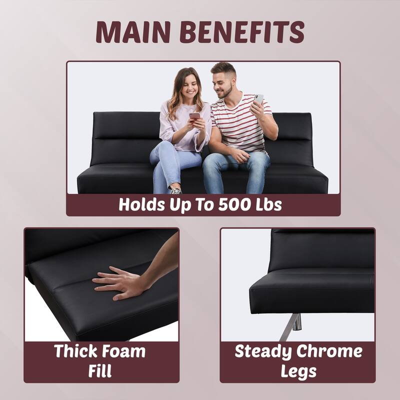 Convertible Faux Leather Futon Sofa Bed - Modern Folding Reclining Couch with Chrome Legs for Small Spaces