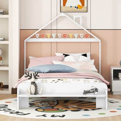 Full Size Wood Platform Bed with House-shaped Headboard and Footboard Bench