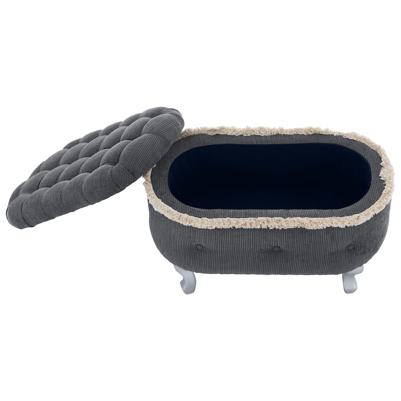 Roomfitters Upholstered Storage Bench with Button Tufted Top, End of Bed Bench with Fringe and Curved Legs
