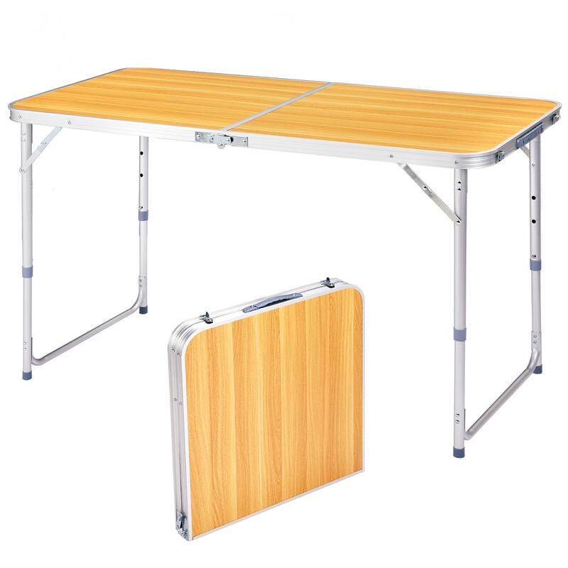 Portable Folding Table with Aluminum Frame and Wood Grain Top - 4 FT