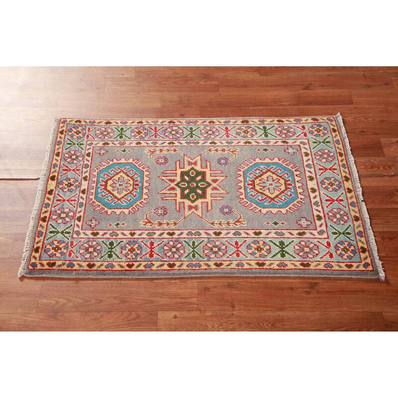 Gray Blue Geometric Kazak Oriental Foyer Rug Hand-Knotted Wool Carpet - 2'0"x 3'0"