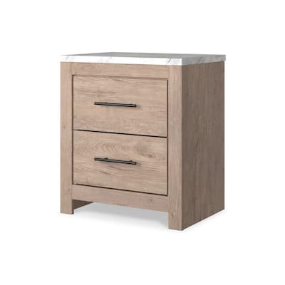 Ariel 25 Inch Rustic Wood Nightstand, 2 Drawers, White Faux Marble Top, Brown